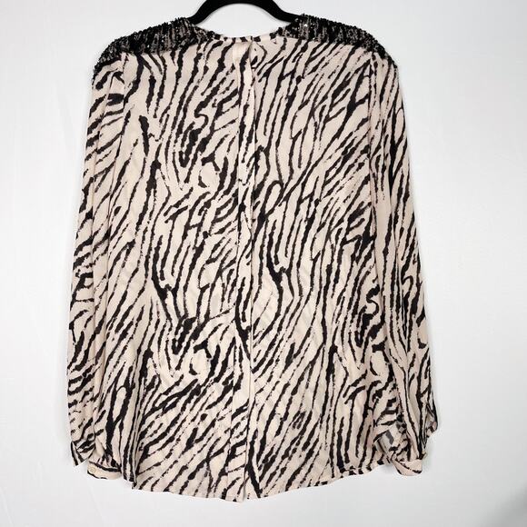 Haute Hippie Small S Silk Zebra Printed Long Sleeve Blouse Sequin Buff Black - Picture 2 of 15